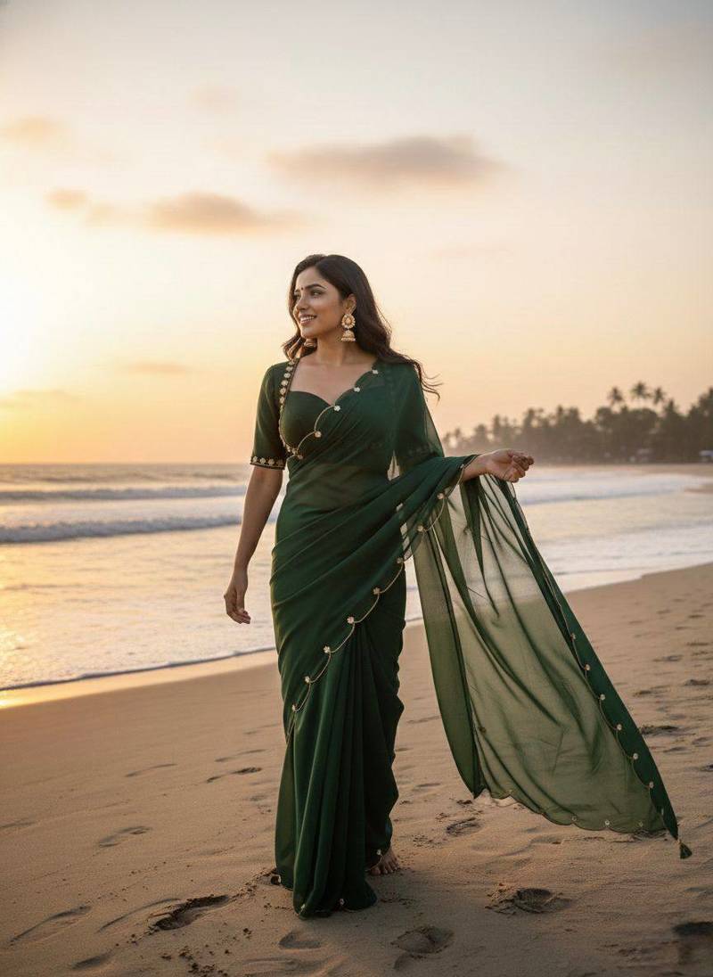 Green Color  handwork Georgette Saree 
