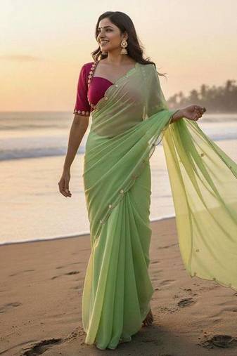 Parrot Green Color  handwork Georgette Saree 