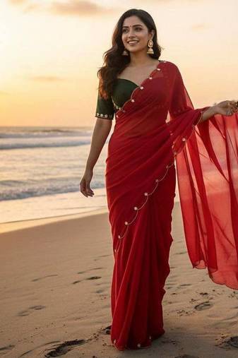 Red  Color  handwork Georgette Saree 