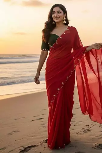 Red  Color  handwork Georgette Saree 