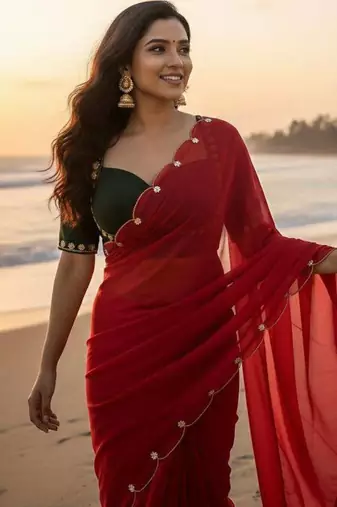 Red  Color  handwork Georgette Saree 