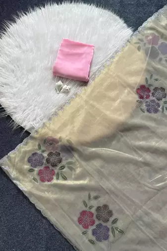 Light Yellow Along With Diamond Cut Work  Tissue Silk  Saree