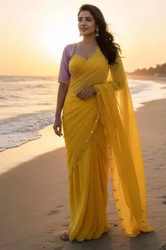 Yelow  Color  handwork Georgette Saree 