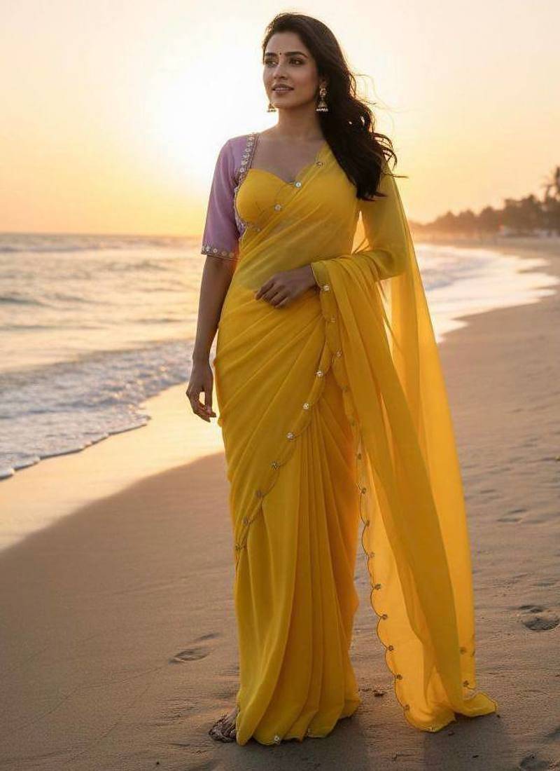 Yelow  Color  handwork Georgette Saree 