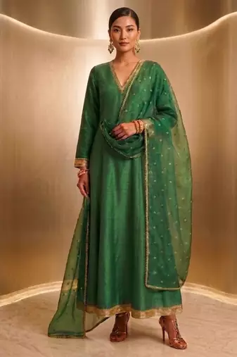 Green embroidered chanderi silk kurta set