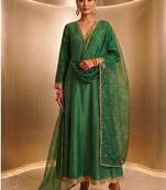 Green embroidered chanderi silk kurta set
