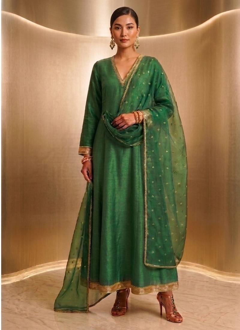 Green embroidered chanderi silk kurta set