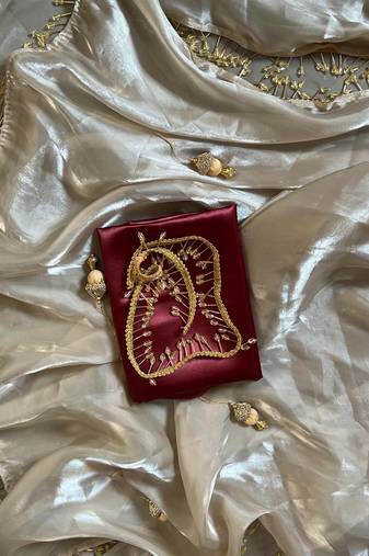 Cream Color Moti Hevy Handwork Lace  Work Silk Saree