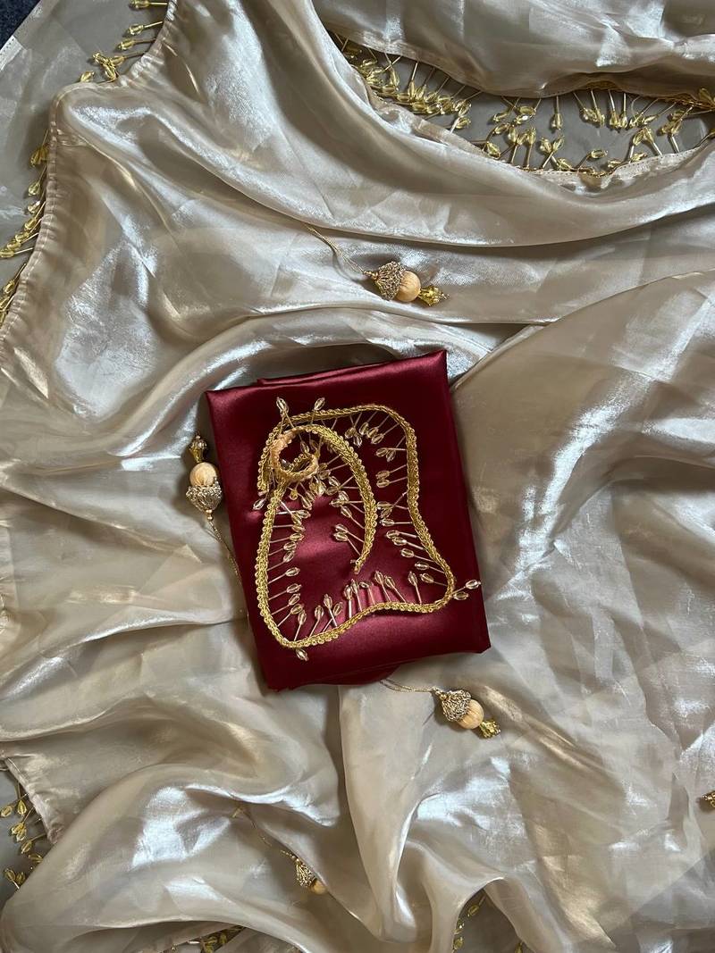 Cream Color Moti Hevy Handwork Lace  Work Silk Saree