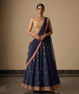 navy blue embroidered raw silk lehenga set 1