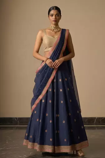 navy blue embroidered raw silk lehenga set