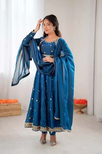 Peacock Blue Fandy Silk Anarkali Gown Set with Cording & Sequence Work