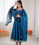 Peacock Blue Fandy Silk Anarkali Gown Set with Cording & Sequence Work