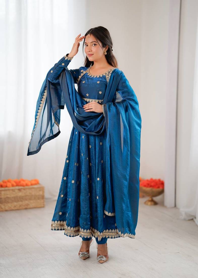 Peacock Blue Fandy Silk Anarkali Gown Set with Cording & Sequence Work
