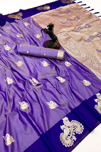 Purple soft silk saree with zari weaving & peacock motifs