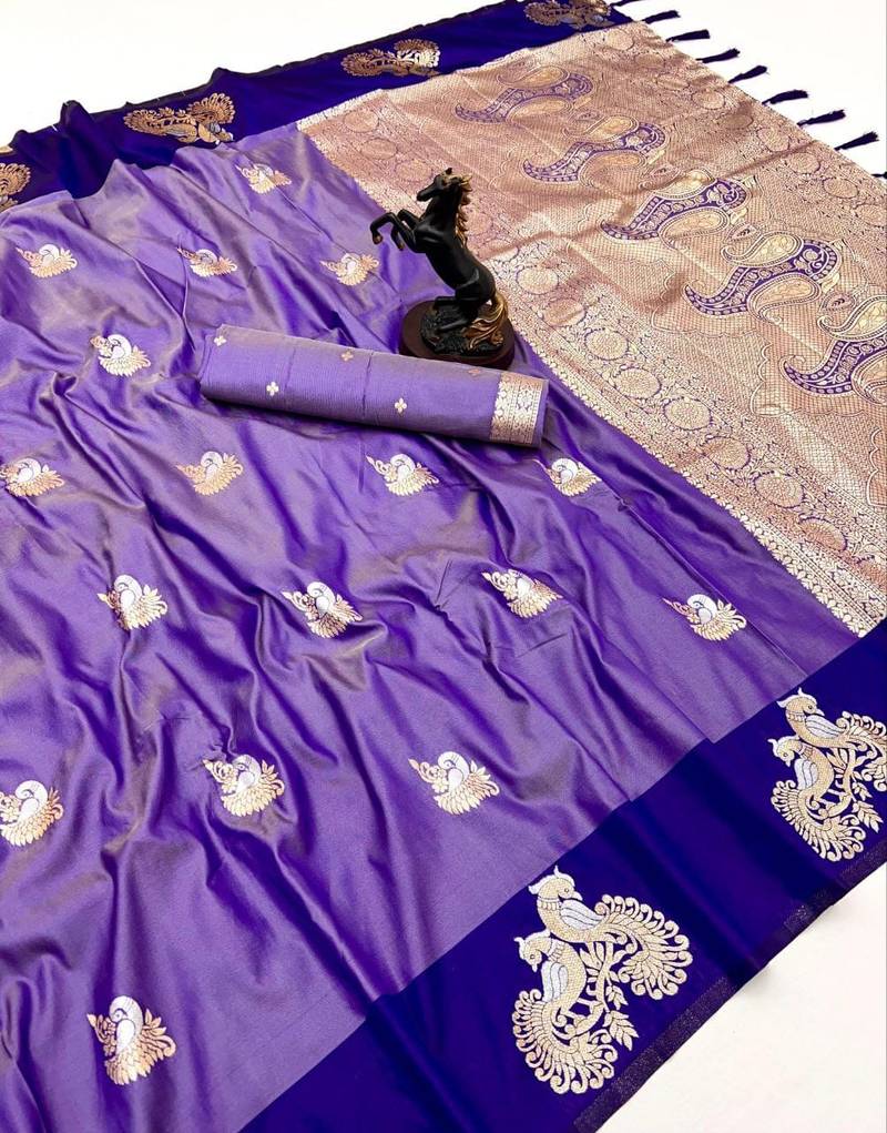 Purple soft silk saree with zari weaving & peacock motifs