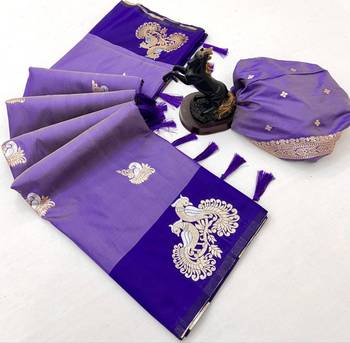 Purple soft silk saree with zari weaving & peacock motifs 2