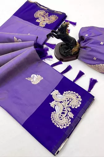 Purple soft silk saree with zari weaving & peacock motifs