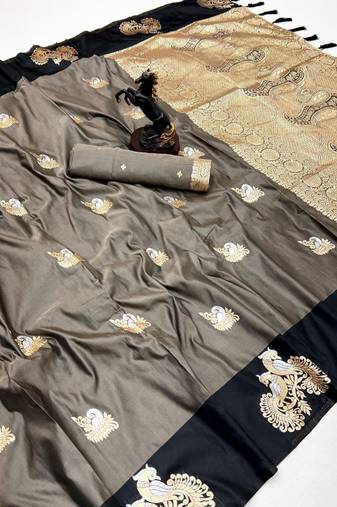 Dark grey soft silk saree with zari weaving & peacock motifs