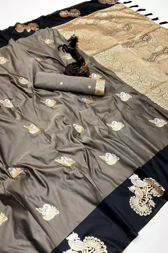 Dark grey soft silk saree with zari weaving & peacock motifs