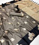 Dark grey soft silk saree with zari weaving & peacock motifs