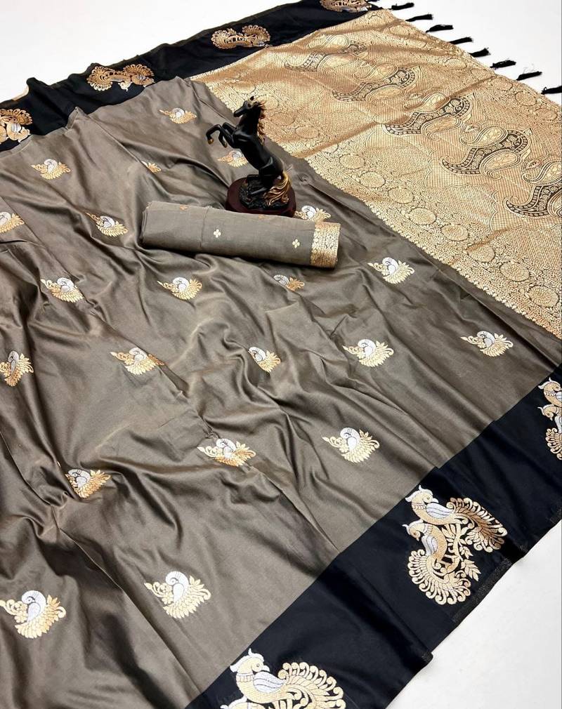 Dark grey soft silk saree with zari weaving & peacock motifs