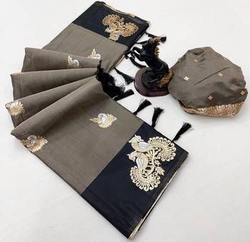 Dark grey soft silk saree with zari weaving & peacock motifs 2