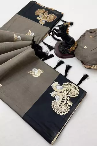 Dark grey soft silk saree with zari weaving & peacock motifs
