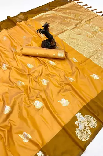Yellow soft silk saree with zari weaving & peacock motifs