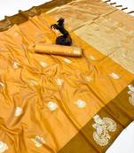 Yellow soft silk saree with zari weaving & peacock motifs