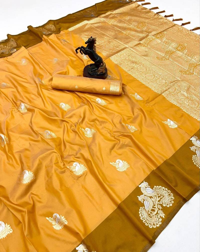 Yellow soft silk saree with zari weaving & peacock motifs