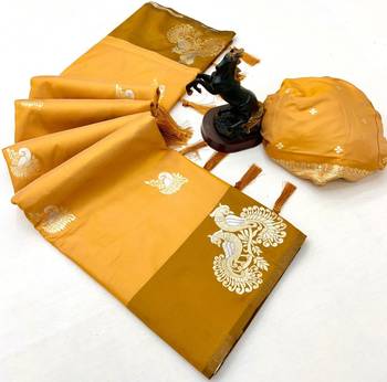 Yellow soft silk saree with zari weaving & peacock motifs 2