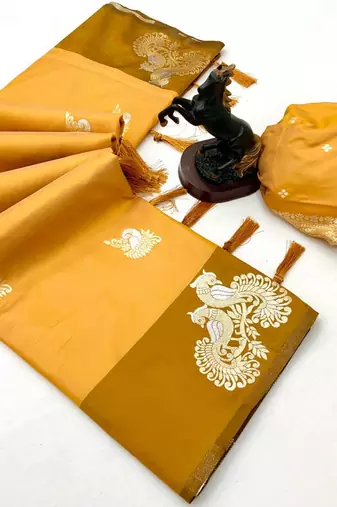 Yellow soft silk saree with zari weaving & peacock motifs