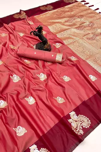 Red soft silk saree with zari weaving & peacock motifs