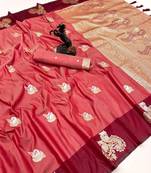 Red soft silk saree with zari weaving & peacock motifs