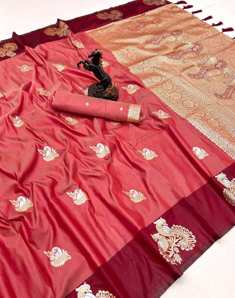 Red soft silk saree with zari weaving & peacock motifs