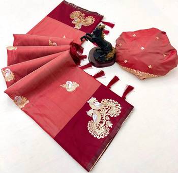 Red soft silk saree with zari weaving & peacock motifs 2