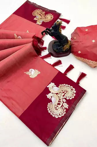 Red soft silk saree with zari weaving & peacock motifs