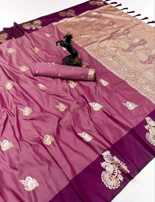 Wine soft silk saree with zari weaving & peacock motifs 1