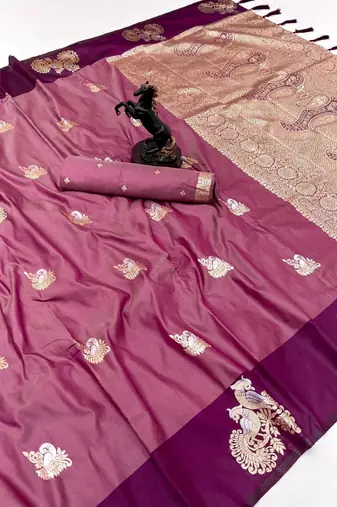 Wine soft silk saree with zari weaving & peacock motifs