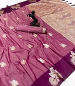 Wine soft silk saree with zari weaving & peacock motifs