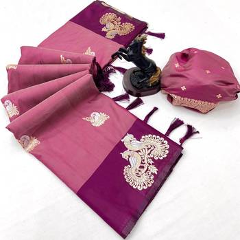Wine soft silk saree with zari weaving & peacock motifs 2
