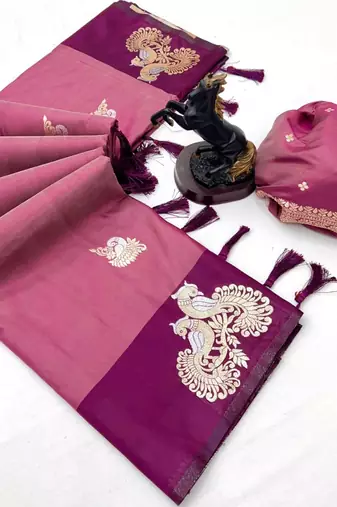 Wine soft silk saree with zari weaving & peacock motifs