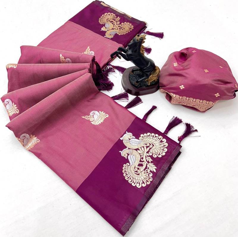 Wine soft silk saree with zari weaving & peacock motifs