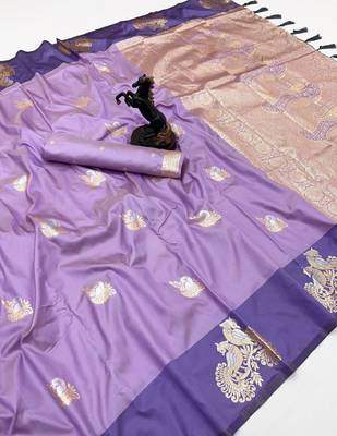 Light purple soft silk saree with zari weaving & peacock motifs 1