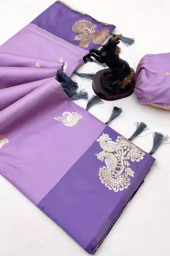 Light purple soft silk saree with zari weaving & peacock motifs