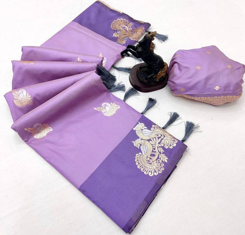 Light purple soft silk saree with zari weaving & peacock motifs