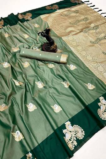 Green soft silk saree with zari weaving & peacock motifs