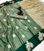 Green soft silk saree with zari weaving & peacock motifs