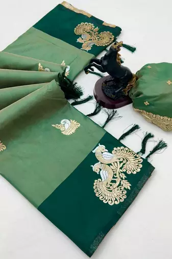 Green soft silk saree with zari weaving & peacock motifs